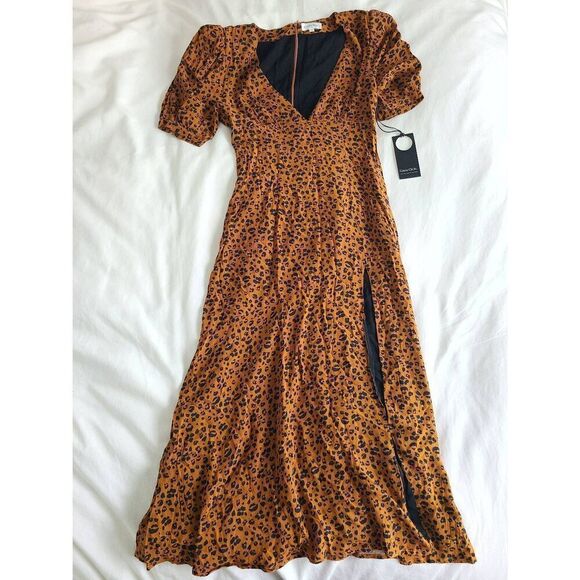 Privacy Please Emmy Midi Dress Women's Size Small Copper Leopard Print V-Neck - Picture 5 of 8